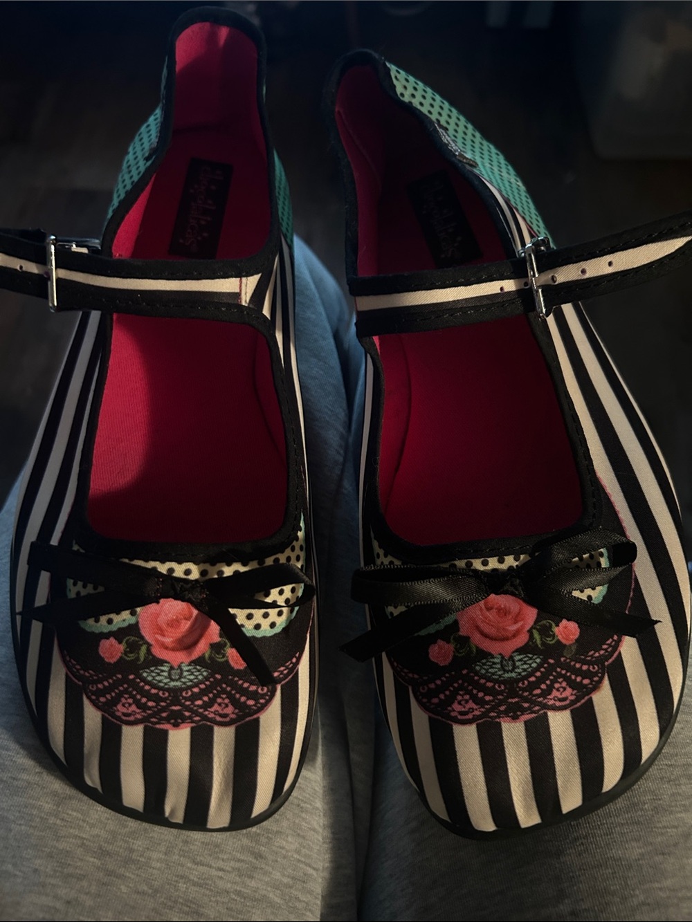 Striped Black & White Mary Jane Flats with Pink Rose Accent